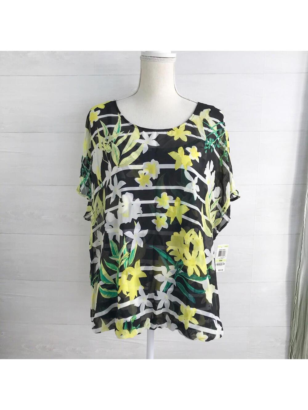 NWT Alfani Woman 18W Yellow Floral Chiffon Layered Top Plus Size Spring